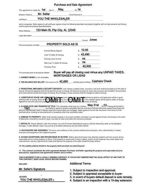 sample  page contract  wholesaling houses real estate investin