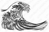 Vague Waves Kanagawa Hokusai Giapponese Engraved Engrave Etching Japonais Drago Gravure Tsunami Creativemarket Incisione Japonaises Cru Faisant Rage Vagues Px sketch template