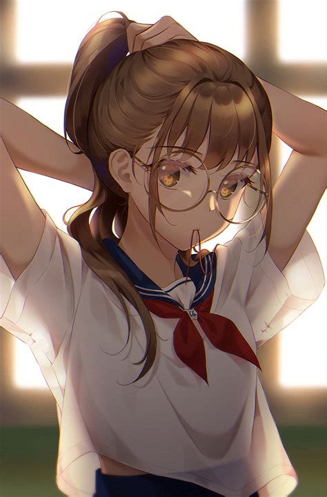 glasses girl tying up her hair [original] tyingherhairup