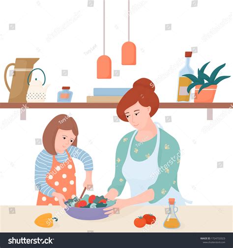 mother daughter cooking together kitchen mom stock vector royalty free