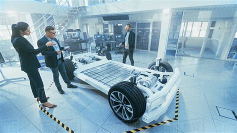 automotive design engineer shows  electric car chassis prototype