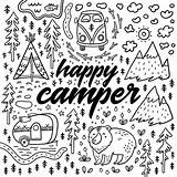 Coloring Camping Camper Happy Pages Drawn Hand Color Illustration Print Cartoon Vector Bobcat Lynx Ink Sheets Cute Adults Theme Antistress sketch template