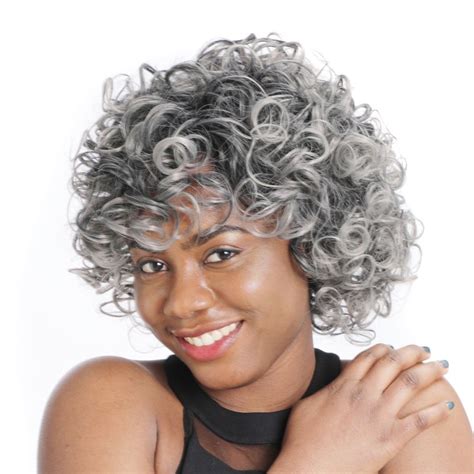 zm newstyle  short afro wigs synthetic mixed ombre grey kinky curly