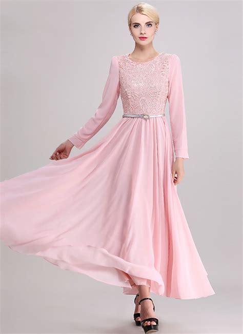 Long Sleeve Pink Lace Chiffon Maxi Dress Rm358