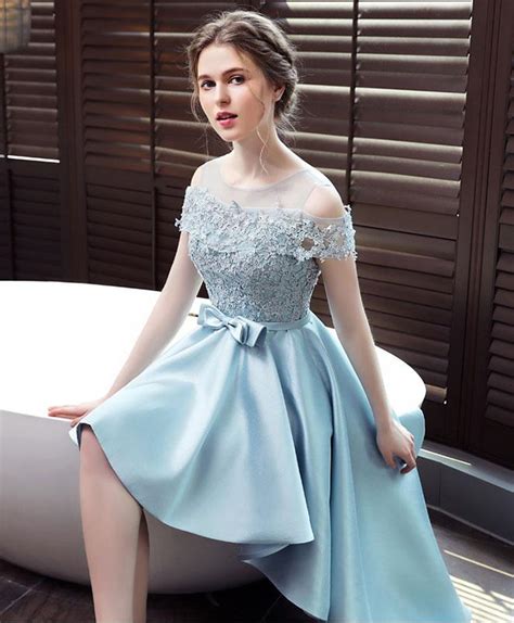 light blue satin lace prom dress evening dress shop