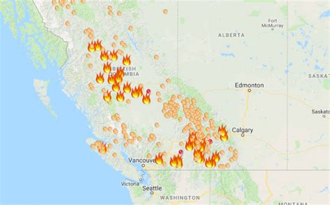 bc fire map shows    canada wildfires   burning