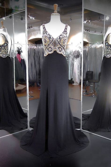 Sexy Plunging Neckline Low Back Black Jersey Beaded Prom Dress With Slit