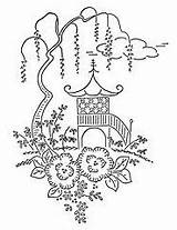 Coloring Chinoiserie Dibujos Oriental Embroidery Bordado Adult Patrones Pagoda Japanese Pages Colouring Blue Japan Japonesas Cherry Blossom Tela sketch template