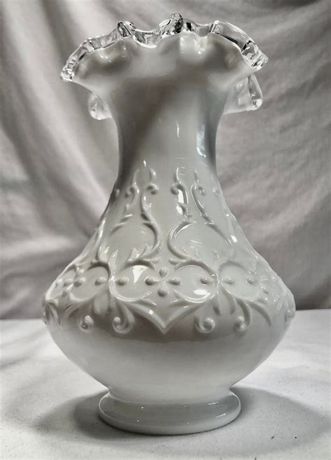 Vintage Fenton Spanish Lace White Milk Glass Vase With Silver Crest