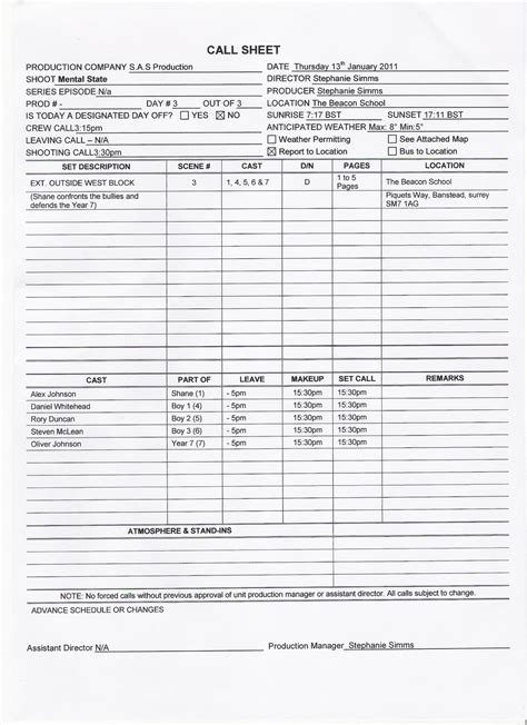 pre production call sheets