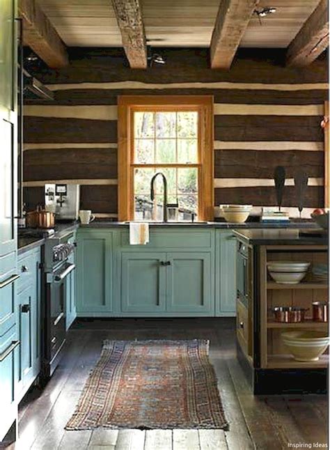log cabin  white kitchen cabinets