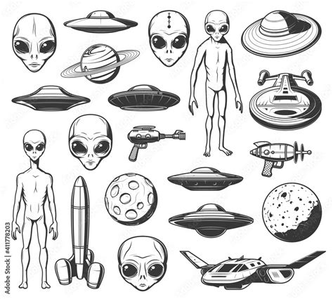 Aliens Ufo And Space Shuttles Vector Retro Icons Extraterrestrial