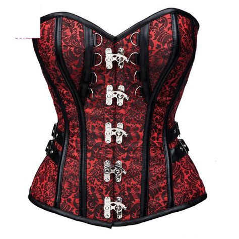 red black brocade steampunk corset dress couture gothic clothing steel