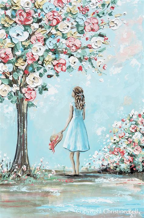 original abstract painting girl  garden cherry tree flowers wall art