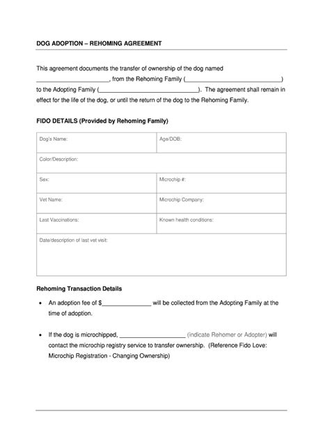 dog rehoming contract fill   sign printable  template