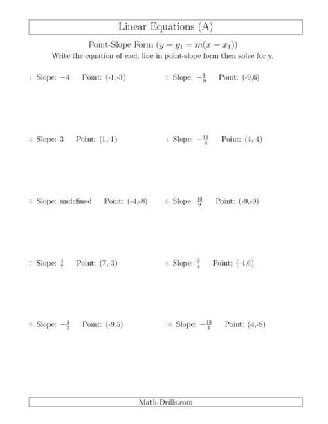 writing  linear equation   slope   point  algebra worksheet