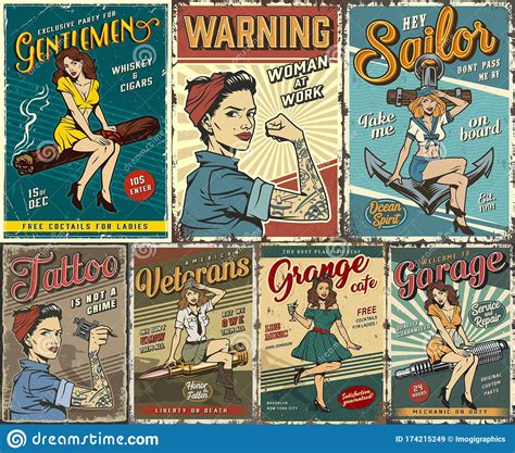 Pin Up Colorful Posters Set Stock Vector Illustration Of