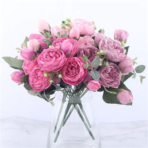 30cm rose pink silk peony artificial flowers bouquet 5 big