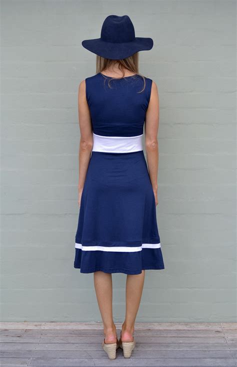 Indiana Dress Women S Sleeveless Blue And White Fitted Wool Dress For