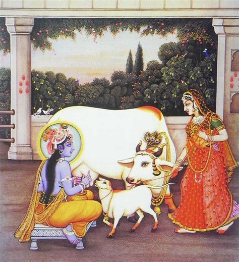 Krishna Milking Cow With Radha Nearby Poster Krishna Painting