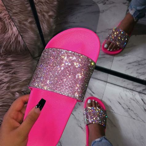 kimmy rhinestone neon slide pink boutique cute slides