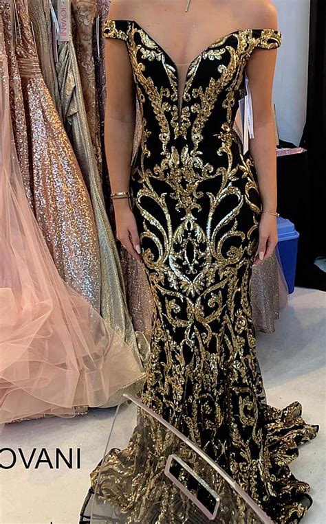 jovani 63349 black gold plunging neck prom dress