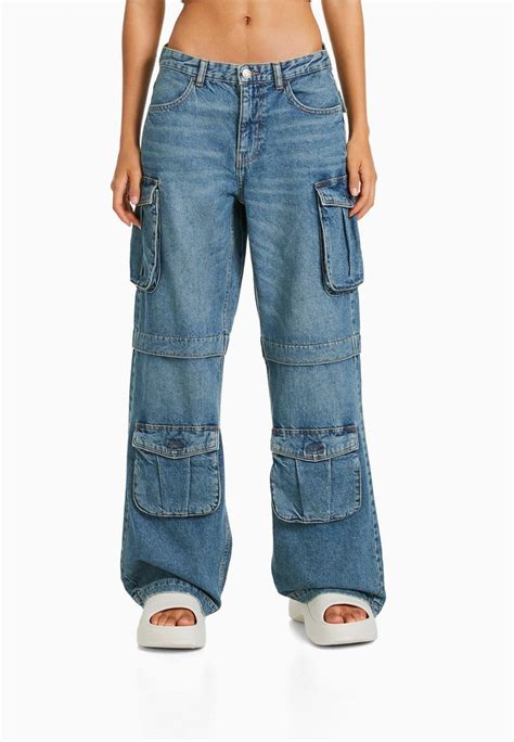 bershka multi pocket flared jeans dark blue zalandoie
