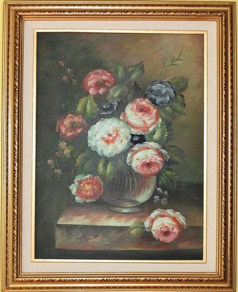 vintage original oil  canvas floral  life painting signed