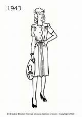 1943 Fashion 1940 Dresses Dress Drawings Silhouette 1950 1940s Silhouettes Drawing Pages History Timeline 1944 Coloring Skirt Vintage Costume Shoulders sketch template