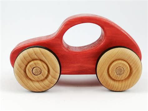 wooden toy car  bright red handmade  tree house toys