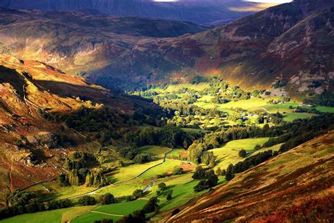 nature landscape mountain valley trees field village sunlight