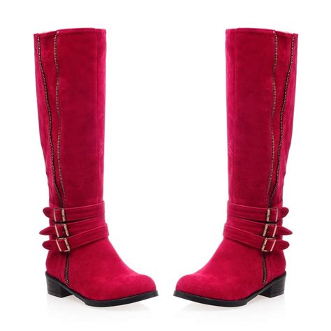 women knee high boots autumn winter red suede leather low heels ladies