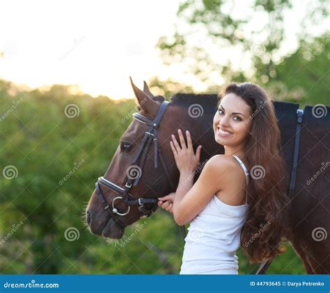 portrait beautiful woman  long hair  horse stock image image