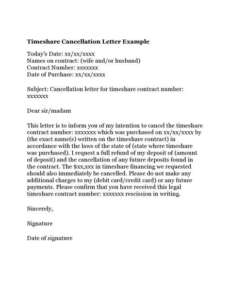 sample timeshare cancellation letter template