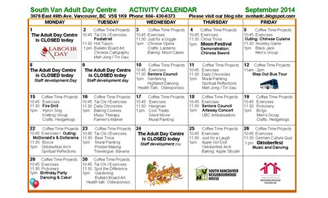 South Vancouver And Beulah Adult Day Programs September Calendars For