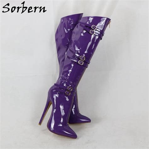 Sorbern Purple Patent Knee High Boots Women High Heel Stilettos Buckle