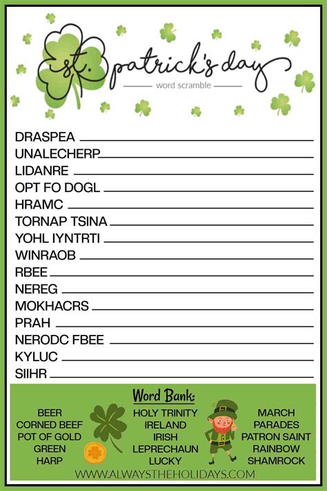 st patricks day word scramble printable  answers included