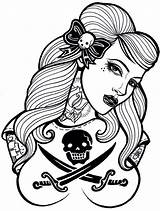 Girl Coloring Pinup Pages Pirate Rockabilly Tattoo Girls Tattoos Skull Designs Clipart Draw Drawing Outline Book Ship Face Cliparts Sexy sketch template