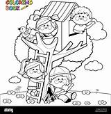 Giocano Boomhut Arbre Kleurplaten Kinderen Jouant Albero Cabane Spelen Bimbi Wit Zwart Climbing Kleurplaat Lendo Klimmen sketch template