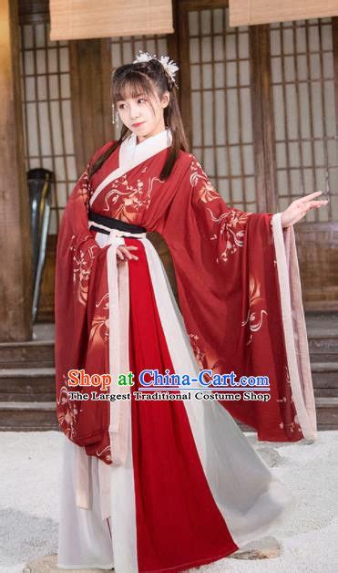 chinese jin dynasty palace lady red hanfu dress