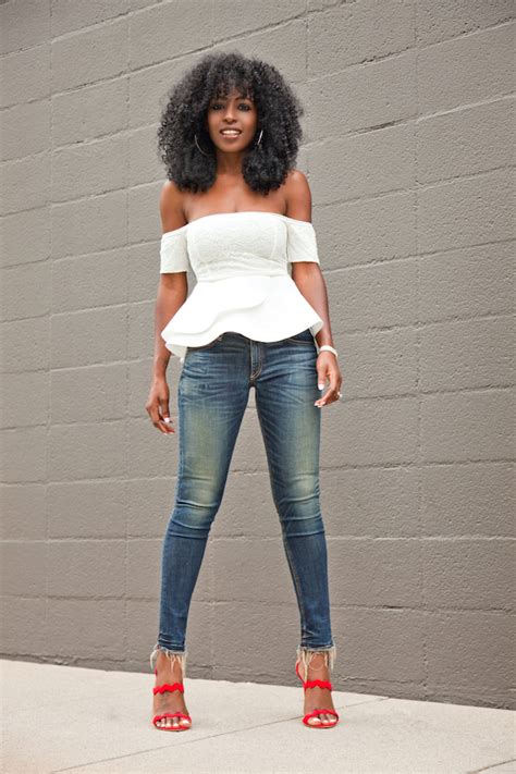 style pantry off shoulder peplum top ankle length jeans