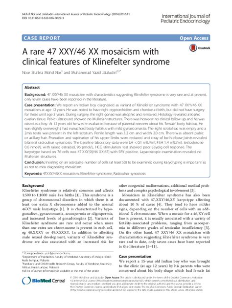 Pdf A Rare 47 Xxy 46 Xx Mosaicism With Clinical Features Of
