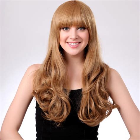 Buy Blonde Neat Bang Hairstyle Synthetic Curly Long Wig