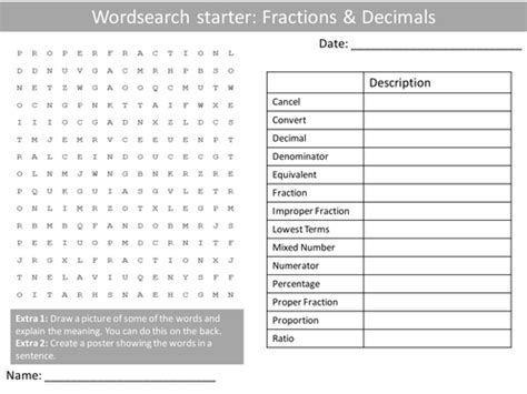maths fractions and decimals ks3 wordsearch crossword anagram alphabet keyword starter cover