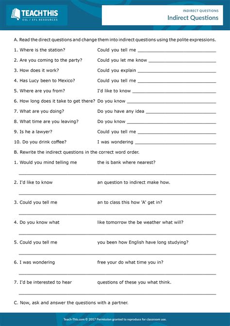 teach child   read indirect questions printable worksheet exercise