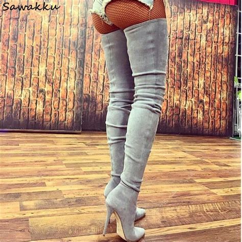 grey black beige sexy ladies thigh high boots pointy toe suede over the