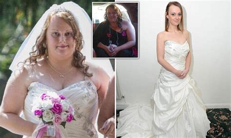 obese bride joanne dicken has her wedding dress halved after losing 7