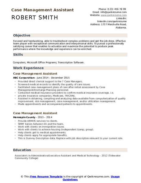 case management assistant resume samples qwikresume