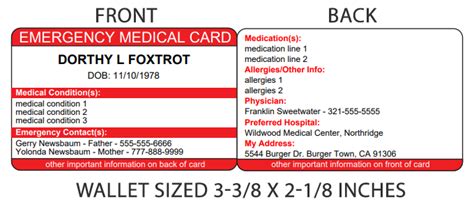 printable emergency medical card  printable templates