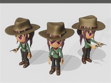 3d model animated western female gunslinger cowgirl anime toon vr